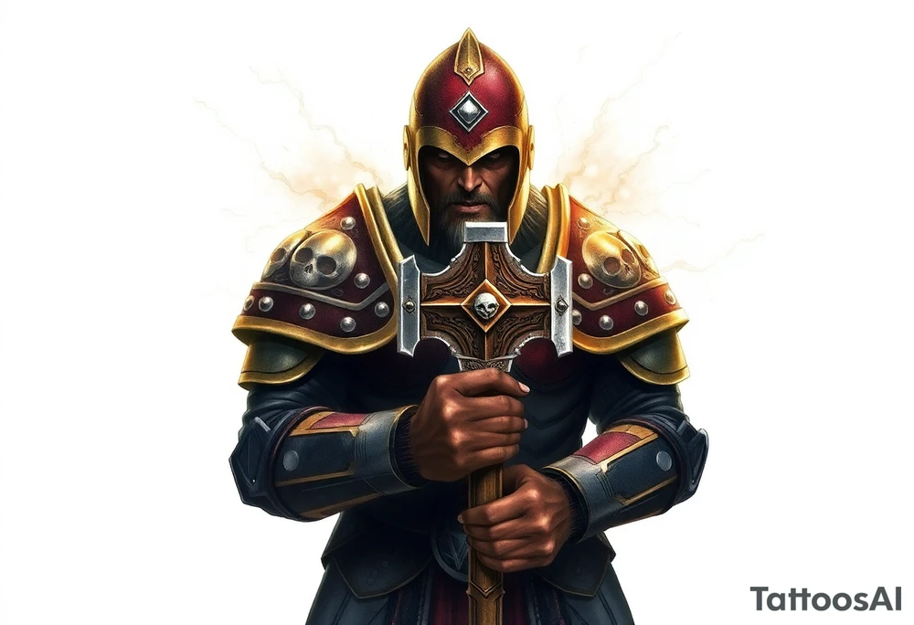 Warhammer, the Old World. A warrior priest of Sigmar holding The Warhammer of Sigmar. The Warhammer of Sigmar is radiating thunderous energy. The Warhammer is held by the warrior priest with both hands at the handle with a firm grip inorder to contain its unlimited energy, upon his chest level. The Warrior priest is wearing dark alloyed heavy armour (reference armor from warhammer vermintide 2 Victor Saltzpyres, the warrior priest of Sigmar class) with skull sigils on his shoulder pads. The warrior priest is wearing a helmet, while the helmets front visor has an humanoid face covering. The helmet and armour are gladened with hints of gold and crimson red. The Warhammer is silverish and golden with a long handle tattoo idea