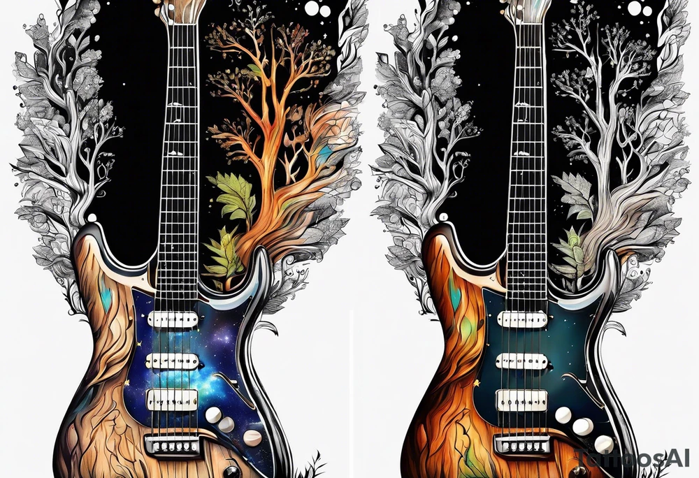 guitar made out of trees and a night sky tattoo idea