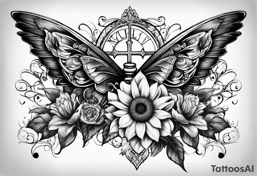 Arm sleeve with Winged cross with sunflower and butterflies tattoo idea