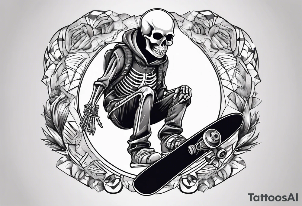 American traditional skeleton with new school snowboard doing a 360 tattoo idea