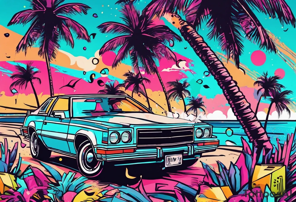 1980's miami vice style dance party with boom box, confetti, music notes in a retro eighties beach theme, no cars tattoo idea