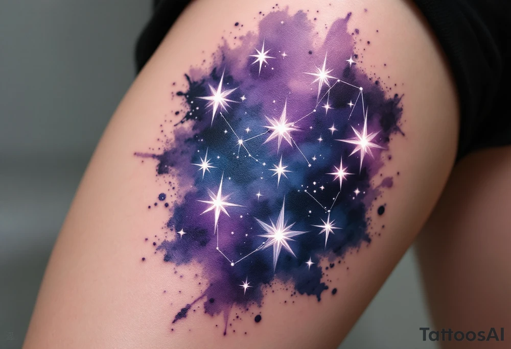 Stars of the Capricorn constellation glowing in white ink over a watercolor patch of purple and navy. tattoo idea