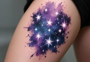 Stars of the Capricorn constellation glowing in white ink over a watercolor patch of purple and navy. tattoo idea