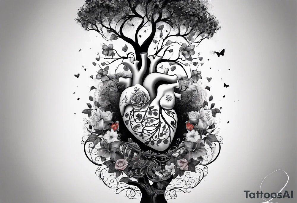 Anatomical arm sleeve.  DNA helix embedded in the tree of life.  the  heart, skeleton, lungs and brain having a nature aspect or floral aspect to them. Mandala's and flowers to fill in the space tattoo idea