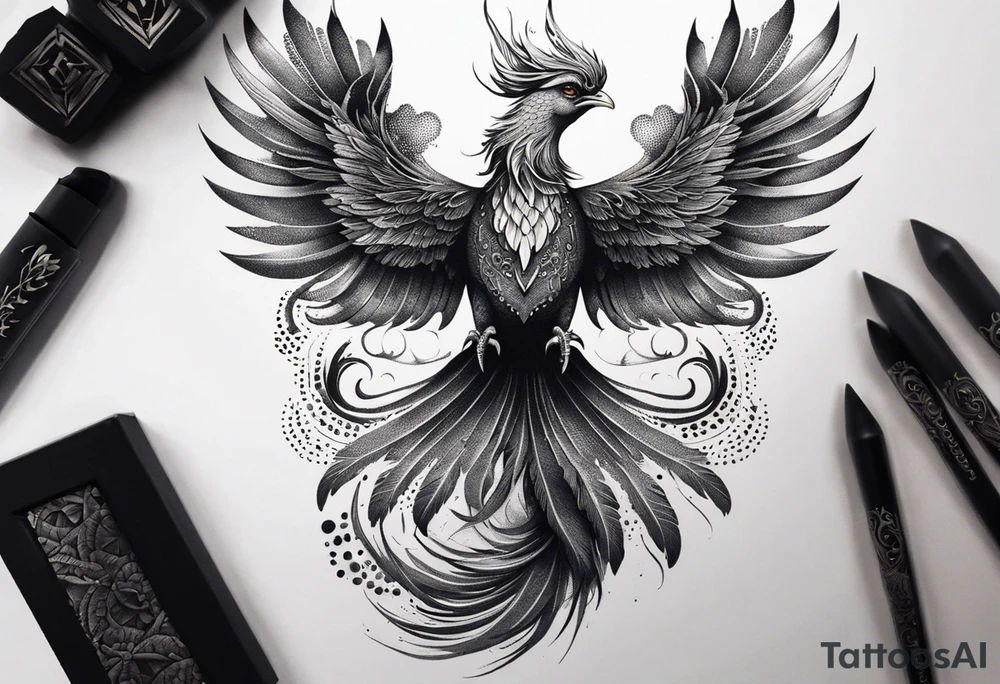 Tattoo: A powerful, majestic phoenix, depicted mid-flight or rising, with wings extended and feathers flowing. Deep shading and intricate details to bring out the texture and motion of the feathers. tattoo idea