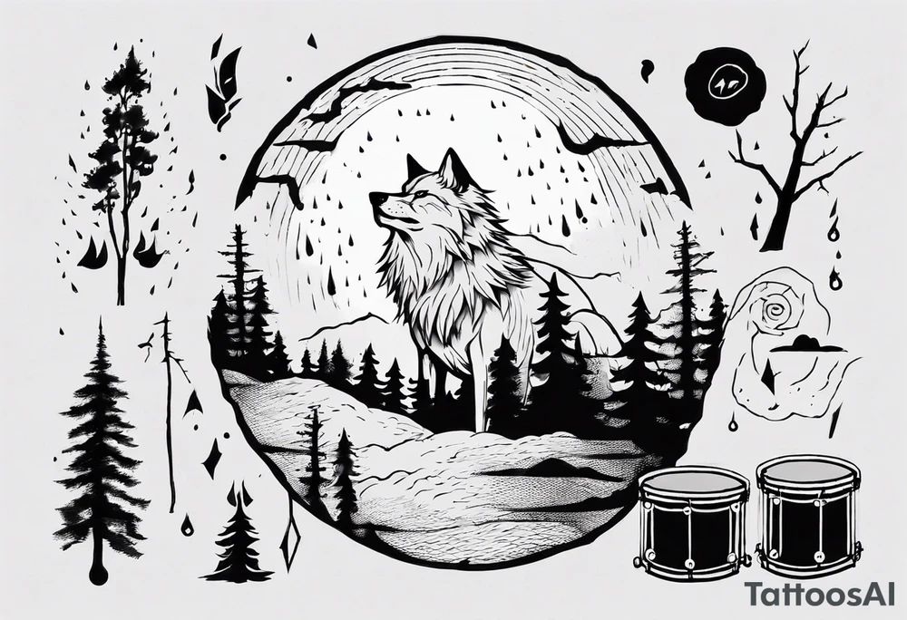 thunderstorm over a forest with a wolf howling on drums tattoo idea thunderstorm over a forest with a wolf howling on drums tattoo idea