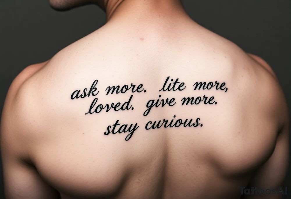 a tattoo on a man's left clavicle that reads ask more. listen more. give more. love first. stay curious. tattoo idea