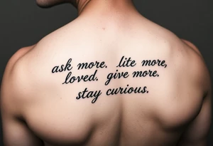 a tattoo on a man's left clavicle that reads ask more. listen more. give more. love first. stay curious. tattoo idea