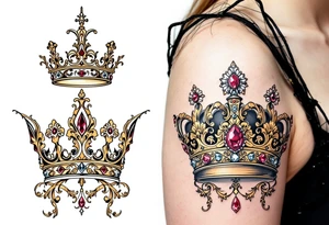 Baroque-style crowns designs with gold and ruby detailing. tattoo idea