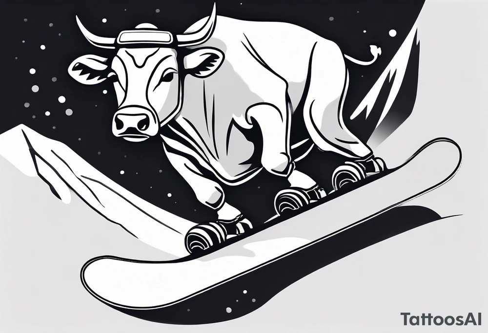 Generate a minimalist and simple black and white tattoo design featuring a joyful cow snowboarding, wearing goggles. Focus on essential lines and details to convey the playful spirit of the scene. The cow should exude confidence while effortlessly snowboarding down a snowy slope. Keep the design clean and uncluttered, suitable for a small to medium-sized tattoo space. Emphasize the charm and whimsy with the addition of goggles, ensuring the overall aesthetic remains simple and minimalistic. The goal is to create a visually appealing and easily recognizable tattoo that captures the essence of a cow enjoying a snowboarding adventure tattoo idea