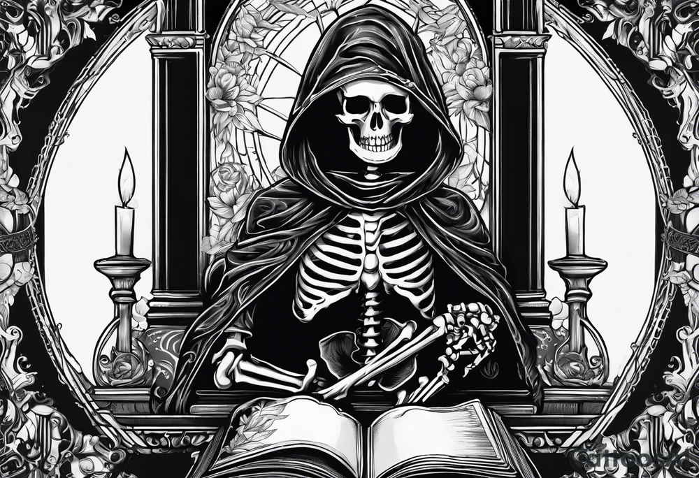 Gothic tarot card with a skeleton reading a book tattoo idea