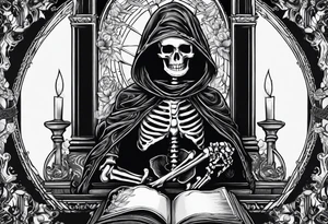 Gothic tarot card with a skeleton reading a book tattoo idea