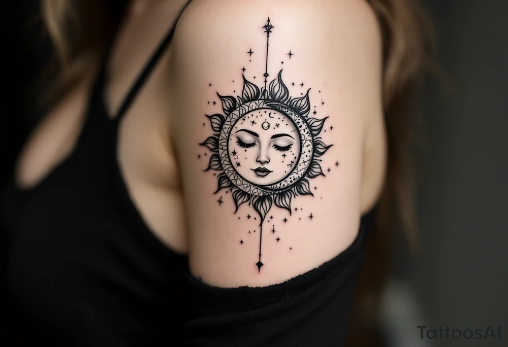 celestial sun and moon embrace with constellation patterns tattoo idea