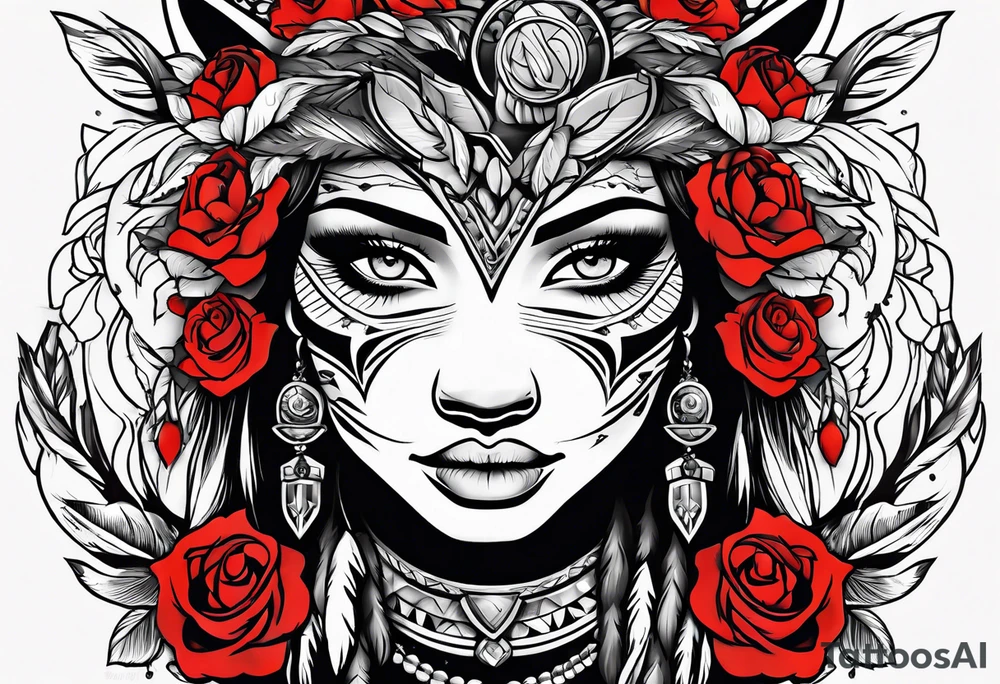 Native American woman wrapped in roses with a wolf tattoo idea
