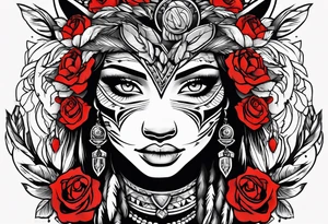 Native American woman wrapped in roses with a wolf tattoo idea