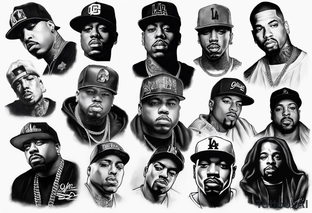 To design a leg sleeve tattoo featuring famous rappers Biggie Smalls, Tupac, Eminem, Dr. Dre, Eazy-E, Ice Cube, along with the LA sign and California Compton theme in black and white shading, follow these steps: tattoo idea