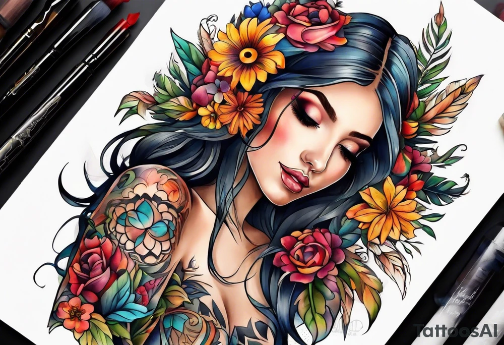 Floral hippy chest piece tattoo idea
