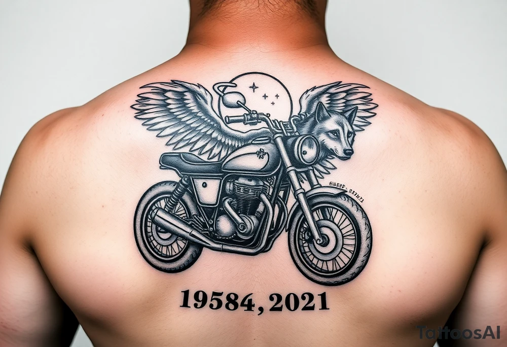 the year 1958 - 2021 with a motorcycle on it with guardian angel wolves tattoo idea