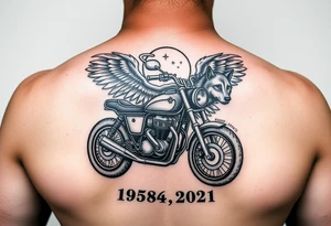 the year 1958 - 2021 with a motorcycle on it with guardian angel wolves tattoo idea