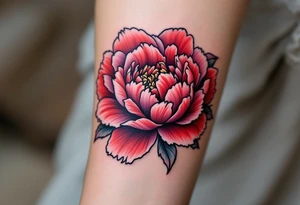 A large peony flower in shades of red and purple with bold black outlines. tattoo idea