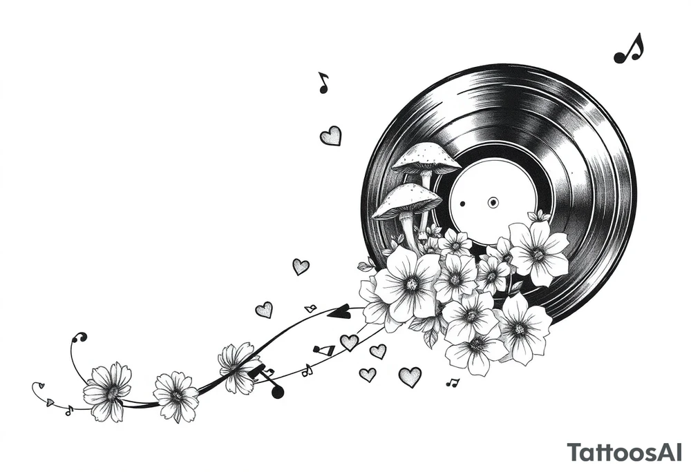 vinyl record with mushrooms, flowers, hearts, and music notes tattoo idea