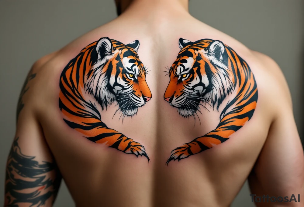 Matching couple orange and black tiger stripes wrapping around both upper arms tattoo idea