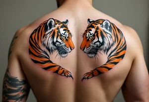 Matching couple orange and black tiger stripes wrapping around both upper arms tattoo idea