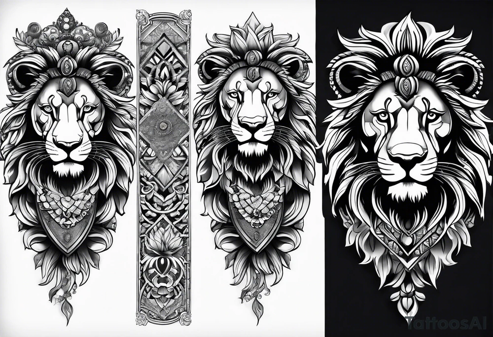 lion leg sleeve with madela patterns tattoo idea