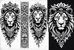 lion leg sleeve with madela patterns tattoo idea