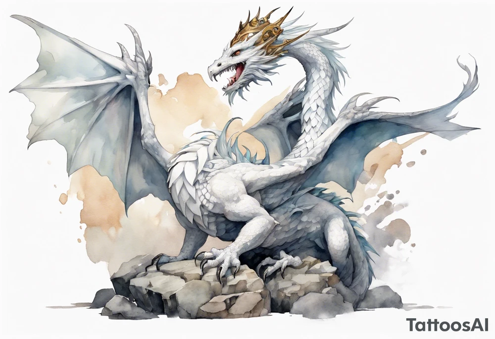 a white bird-dragon hybrid, wearing a iron crown, perched on a stone tattoo idea