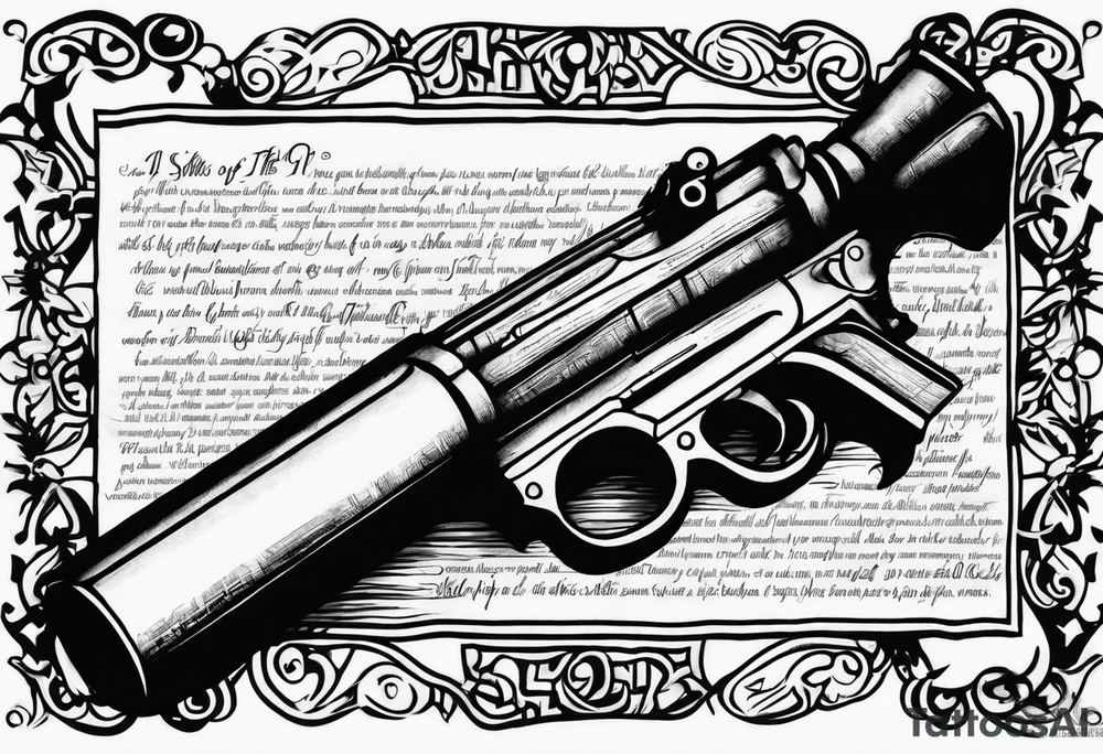 Joshua 1:9 bible verse on a scroll written on a beaten up scroll and nailed onto the firearm tattoo idea