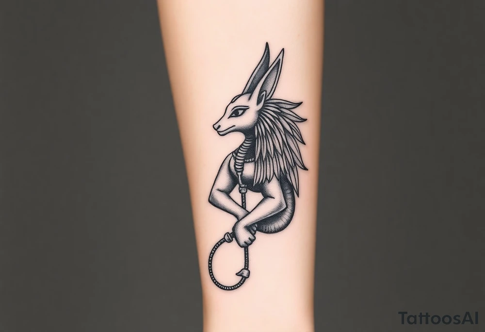 Design a tattoo of Anubis, as though it was carved into stone, it should have a sculptural stone like featured with a classic Anubis style large to full a fore arm tattoo idea