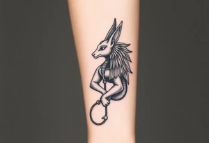 Design a tattoo of Anubis, as though it was carved into stone, it should have a sculptural stone like featured with a classic Anubis style large to full a fore arm tattoo idea