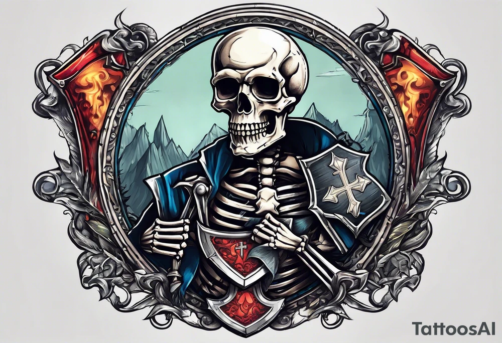 skeleton holding a shield with a cross on it tattoo idea