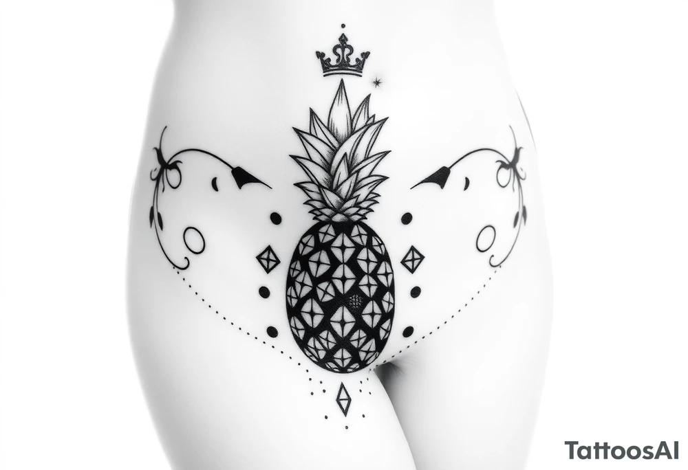 Design around a vagina and anus using a  pineapple with diamonds  and magestic, crown, vagina, anus, pubic tattoo idea