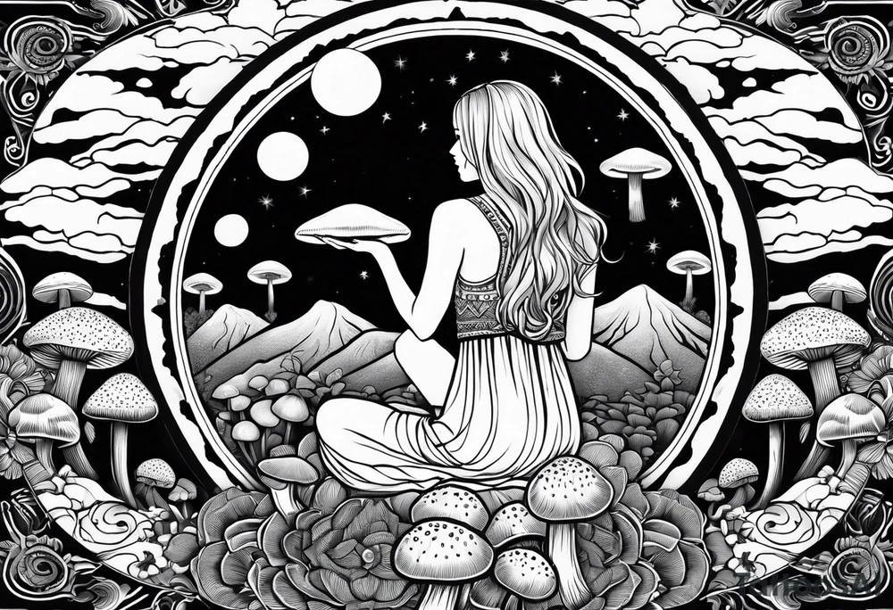 Straight blonde hair girl holding mushrooms in hand meditating facing away toward mountains surrounded by mushrooms crescent moon mandala circular design black and white striped dress tattoo idea