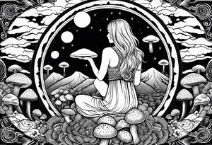Straight blonde hair girl holding mushrooms in hand meditating facing away toward mountains surrounded by mushrooms crescent moon mandala circular design black and white striped dress tattoo idea