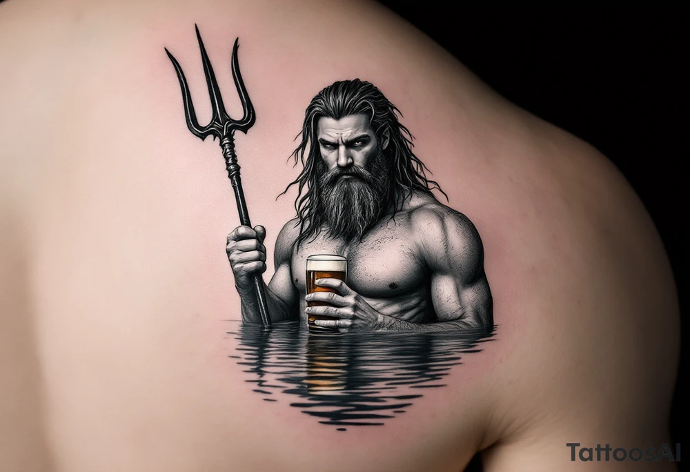 young, fit poseidon in calm water, behind a trident, holding a beer tattoo idea