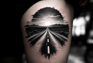 A grayscale open road disappearing into a sunset horizon reflects the freedom of journey. tattoo idea
