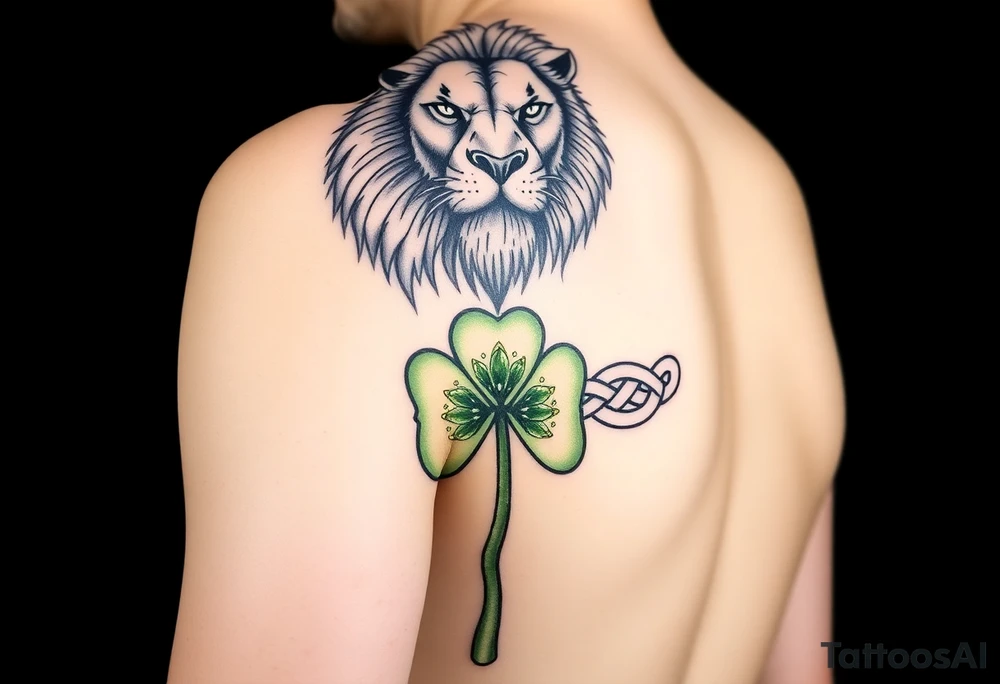 Create a men's Celtic warrior half-sleeve tattoo featuring a mighty, majestic face-forward lion at the top of the shoulder. Extend the bottom of the lion's mane to create open and shaded Celtic knots that travel down the arm. Add a hyper-realistic Celtic shamrock with green peridot jewel petals and an organic stem. Continue the knots to intersect with a Celtic warrior armband that wraps the arm just above the elbow. tattoo idea