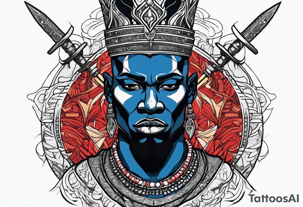 An african god, a bald black-skinned warrior, that uses a sword and a silver crown. He also uses blue and red necklaces tattoo idea
