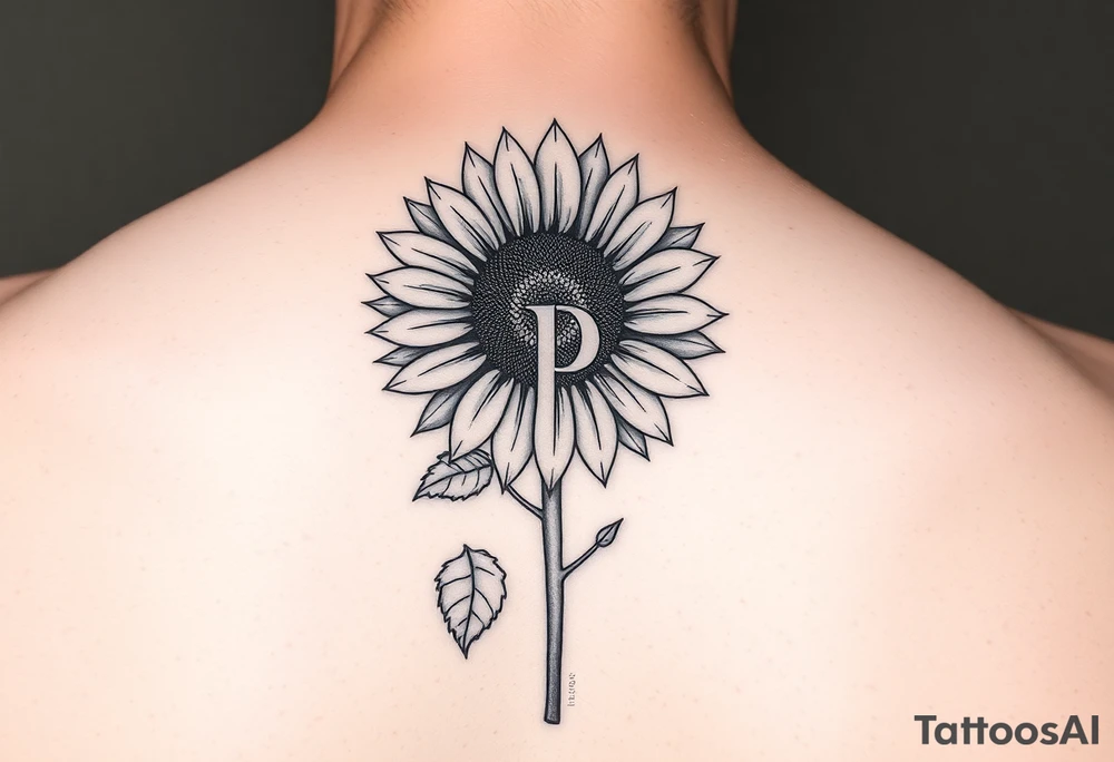 Sunflower with the letter p in the stem, black and white, small fine line tattoo idea