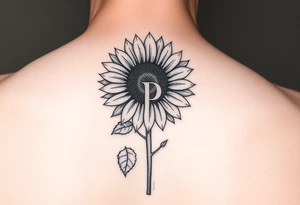 Sunflower with the letter p in the stem, black and white, small fine line tattoo idea