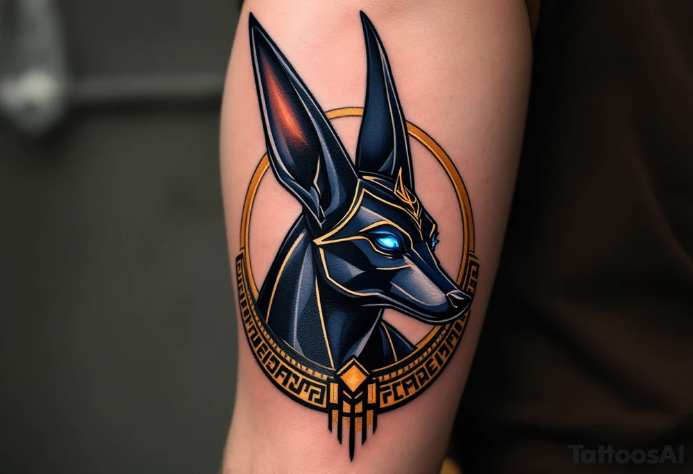 A sleek, minimalist Anubis head in profile, with sharp, angular lines and deep black shading, accentuated by golden Egyptian markings and glowing blue eyes. The ears are tall and pointed, symbolizing divine authority, while subtle hieroglyphic patterns in gold and deep navy frame the design, adding an air of mystery and reverence. tattoo idea