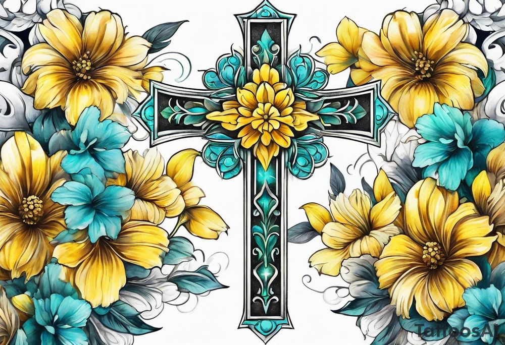 Winged cross surrounded by yellow and aqua flowers tattoo idea