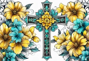 Winged cross surrounded by yellow and aqua flowers tattoo idea