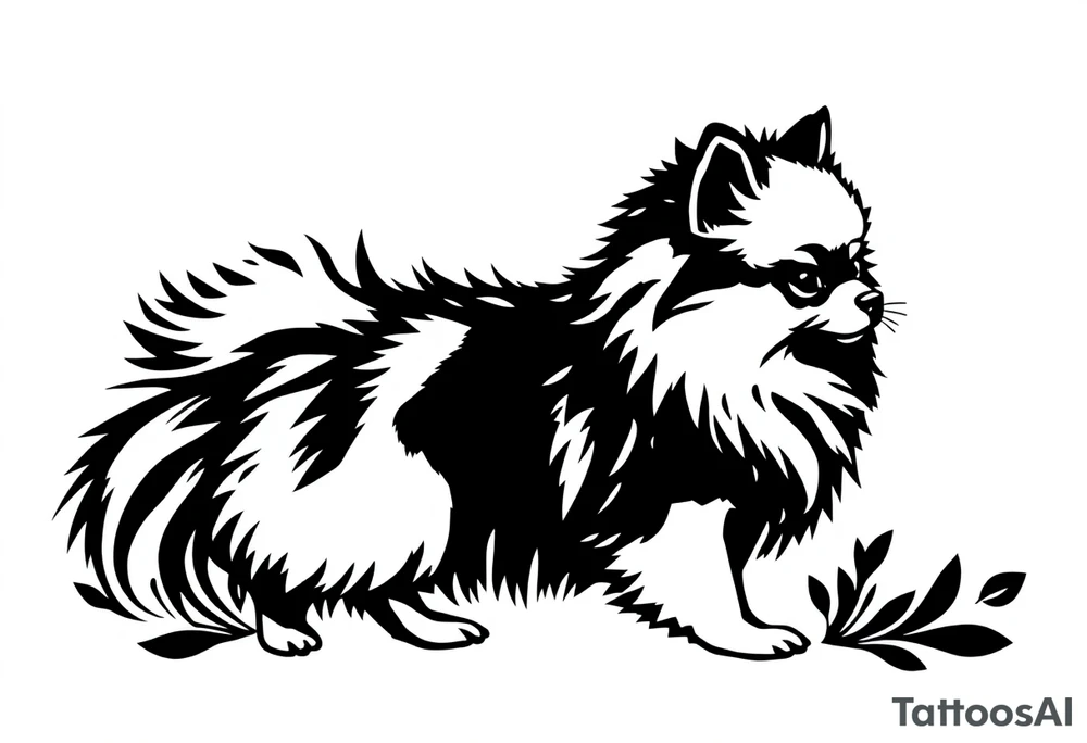 A silhouette stencil style drawing of a cute  Pomeranian tattoo idea