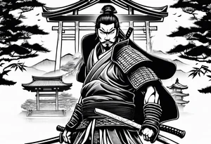 Irezumi style samurai in front of shinto shrine in bamboo grove tattoo idea