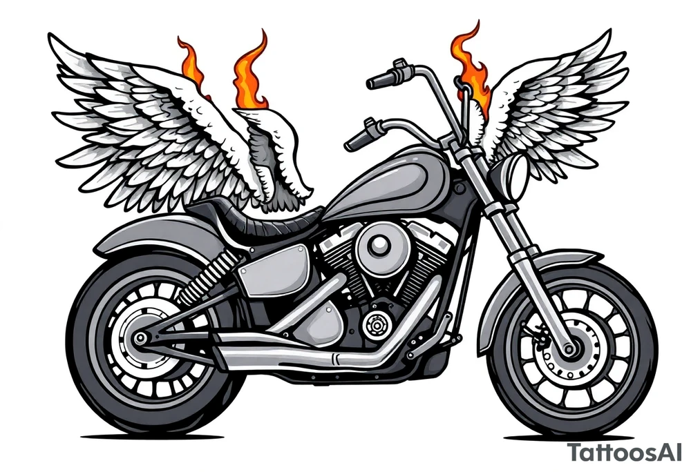 Low rider grey motorcycle, big muffler pipes with flames, angel wings, driving away, no person tattoo idea