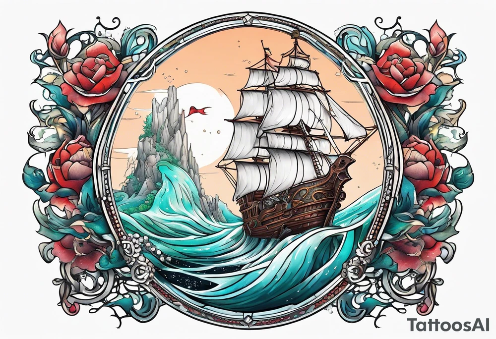 mermaid with galleon ship tattoo idea